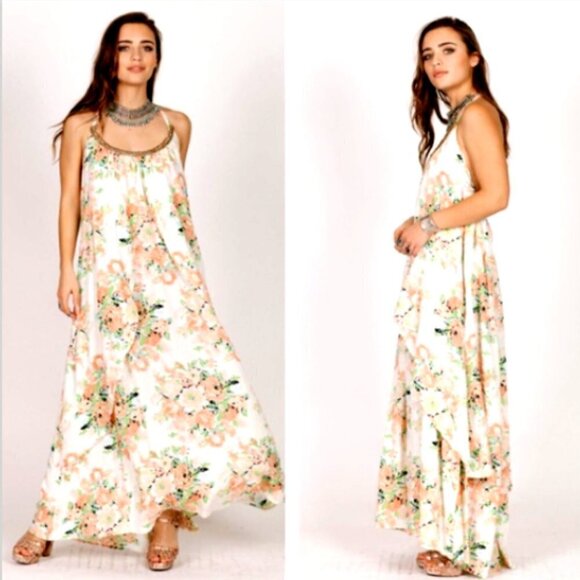 RAGA Aphrodite Maxi Dress Garden Party Flowy Layered Beaded Neck Floral M #241C - Picture 1 of 9